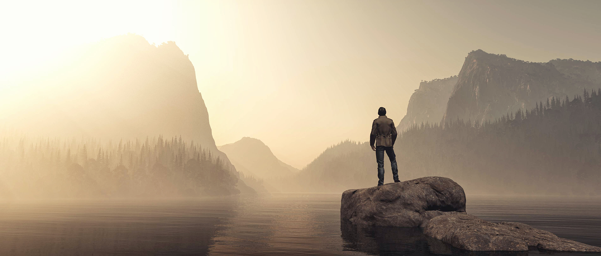 A lone traveler standing on a rock overlooking a vast misty mountain valley at dawn, embodying individual discovery